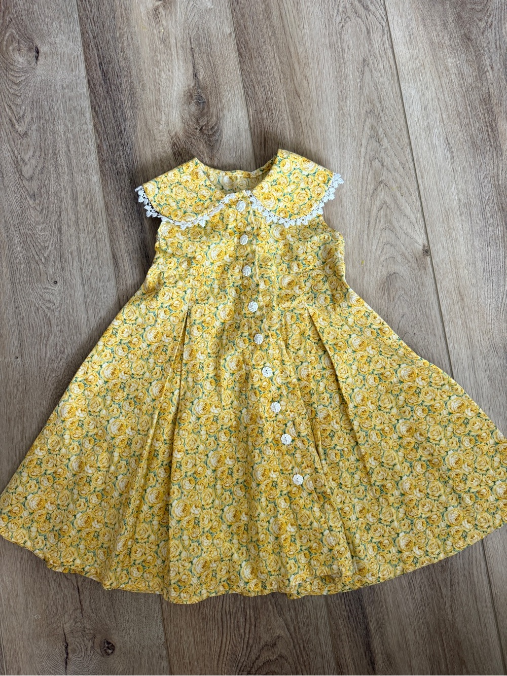 Girls Yellow Floral Button-Front Dress with Lace Peter Pan Collar